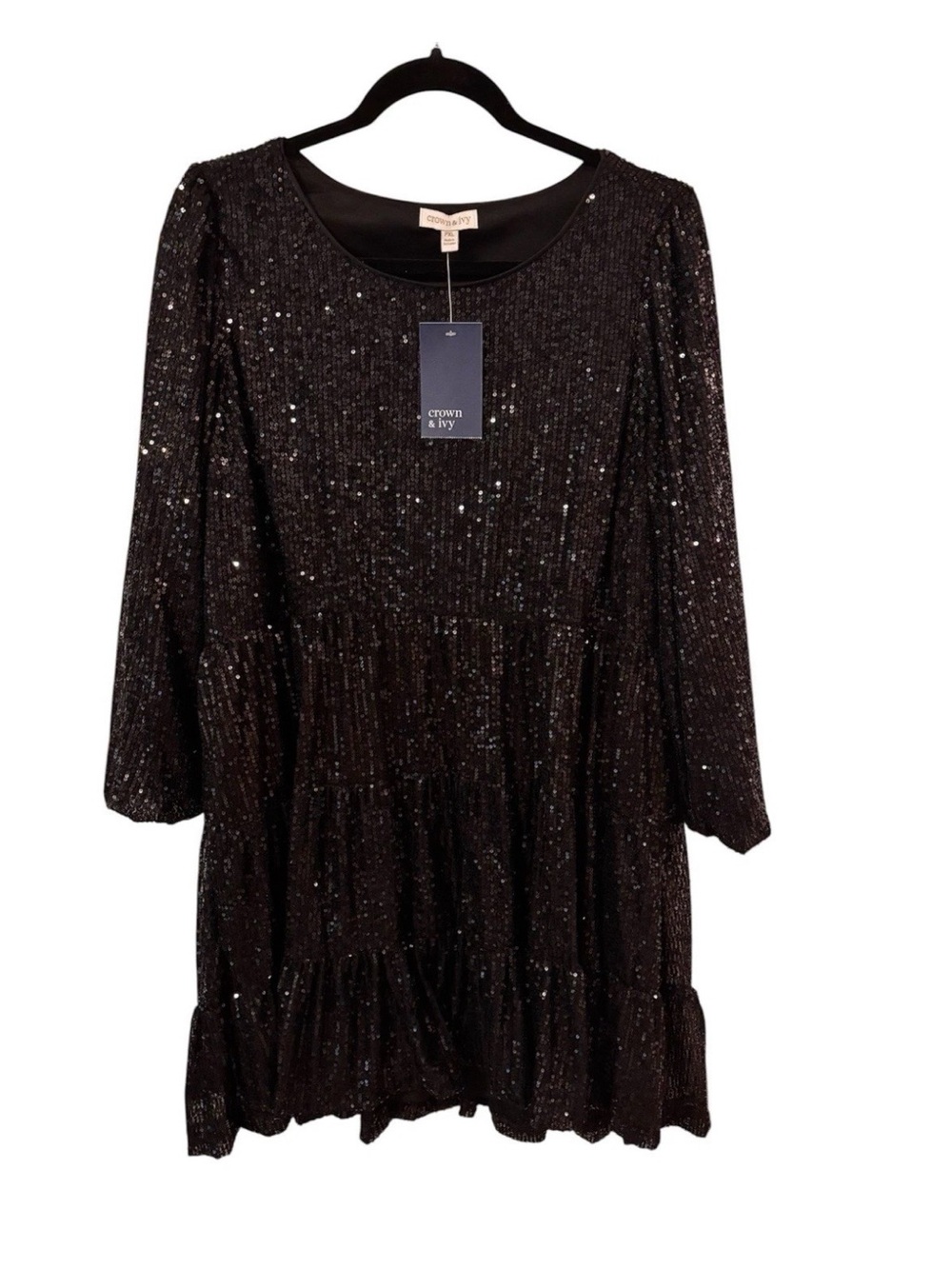 Crown & Ivy Women’s Black Sequin A-Line Long Sleeve Dress Size XL Petite-NWT